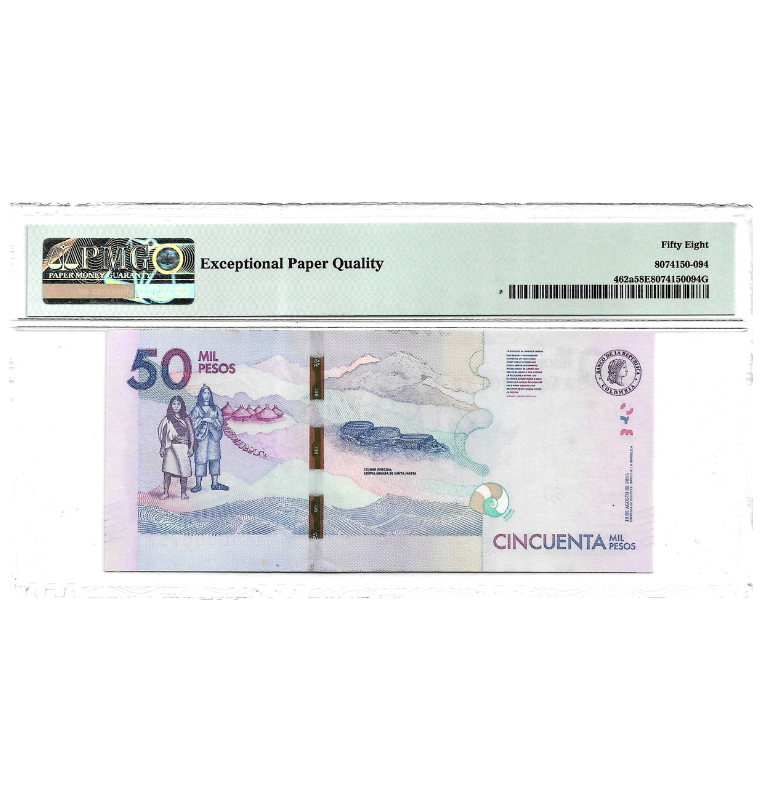 Colombia 50.000 Pesos 2015 Pick 462a Certificado 58 EPQ. Número bajo 752
